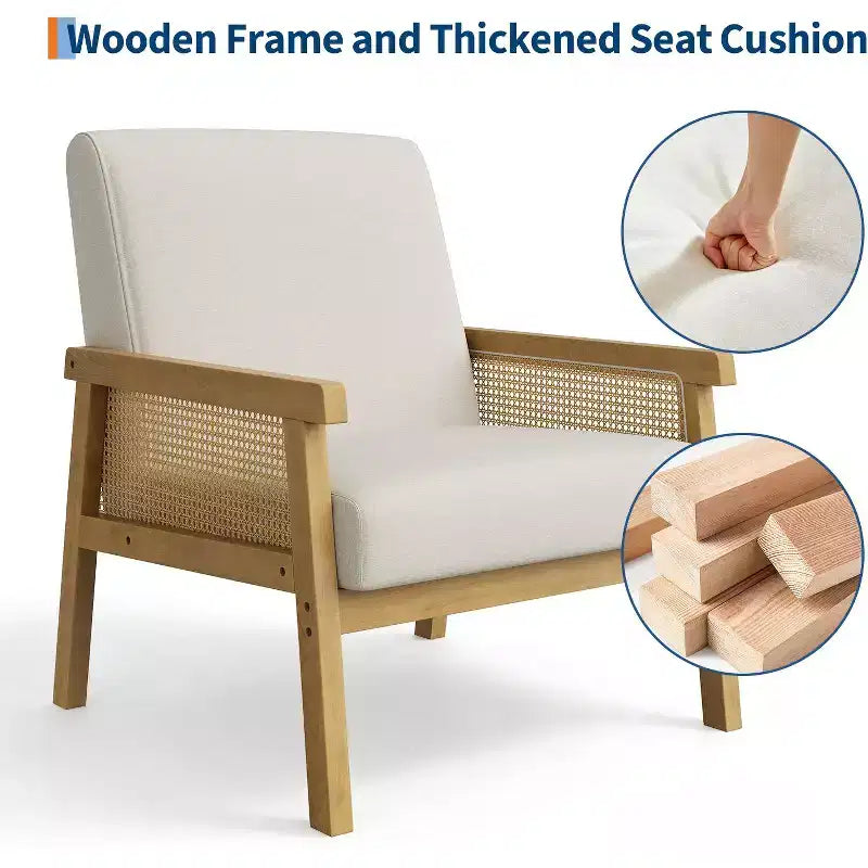 Fauteuil d'appoint en rotin - Fauteuil Bouclé, Fauteuil de lecture rembourré avec cadre en bois, Dossier haut, Fauteuil de loisirs pour salon et chambre à coucher
