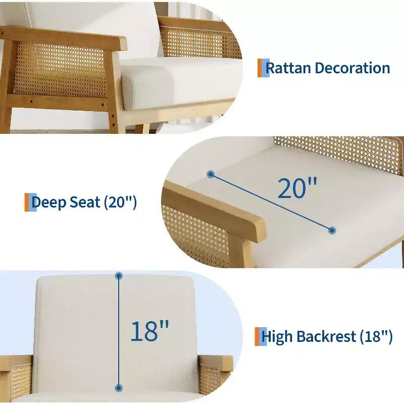 Fauteuil d'appoint en rotin - Fauteuil Bouclé, Fauteuil de lecture rembourré avec cadre en bois, Dossier haut, Fauteuil de loisirs pour salon et chambre à coucher