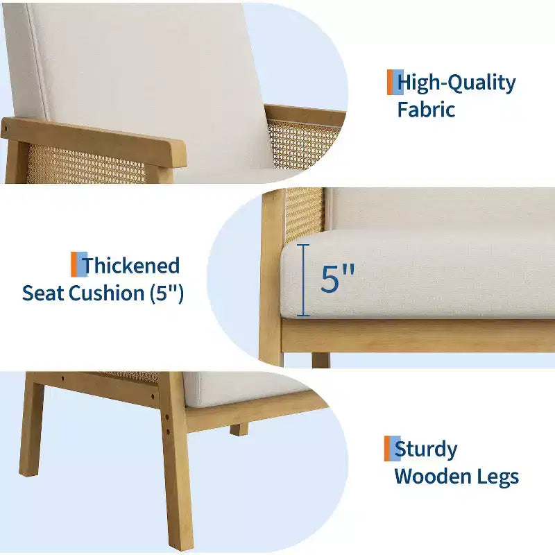 Fauteuil d'appoint en rotin - Fauteuil Bouclé, Fauteuil de lecture rembourré avec cadre en bois, Dossier haut, Fauteuil de loisirs pour salon et chambre à coucher