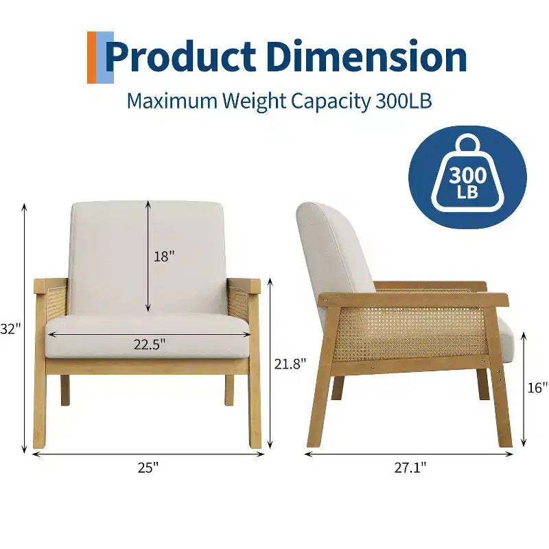 Fauteuil d'appoint en rotin - Fauteuil Bouclé, Fauteuil de lecture rembourré avec cadre en bois, Dossier haut, Fauteuil de loisirs pour salon et chambre à coucher