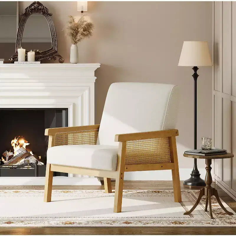 Fauteuil d'appoint en rotin - Fauteuil Bouclé, Fauteuil de lecture rembourré avec cadre en bois, Dossier haut, Fauteuil de loisirs pour salon et chambre à coucher