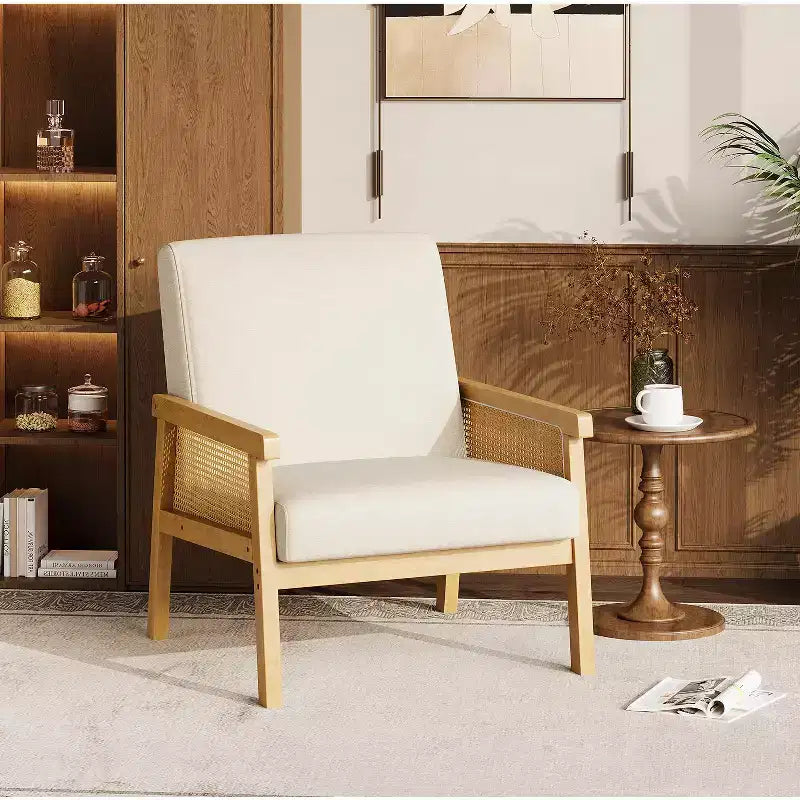 Fauteuil d'appoint en rotin - Fauteuil Bouclé, Fauteuil de lecture rembourré avec cadre en bois, Dossier haut, Fauteuil de loisirs pour salon et chambre à coucher