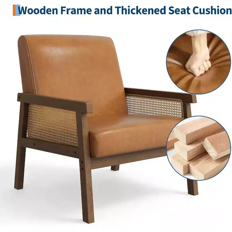 Fauteuil d'appoint en rotin - Fauteuil Bouclé, Fauteuil de lecture rembourré avec cadre en bois, Dossier haut, Fauteuil de loisirs pour salon et chambre à coucher