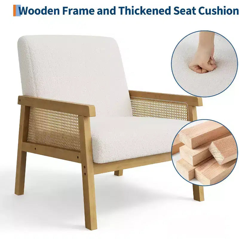 Fauteuil d'appoint en rotin - Fauteuil Bouclé, Fauteuil de lecture rembourré avec cadre en bois, Dossier haut, Fauteuil de loisirs pour salon et chambre à coucher