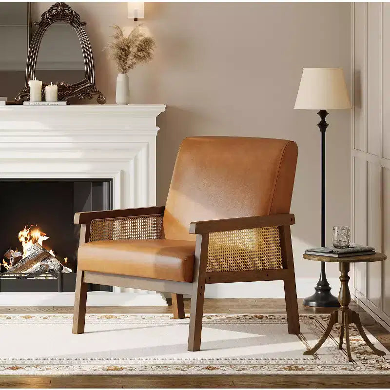 Fauteuil d'appoint en rotin - Fauteuil Bouclé, Fauteuil de lecture rembourré avec cadre en bois, Dossier haut, Fauteuil de loisirs pour salon et chambre à coucher