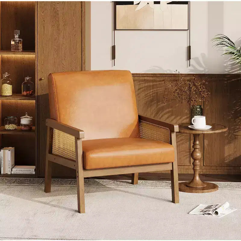 Fauteuil d'appoint en rotin - Fauteuil Bouclé, Fauteuil de lecture rembourré avec cadre en bois, Dossier haut, Fauteuil de loisirs pour salon et chambre à coucher