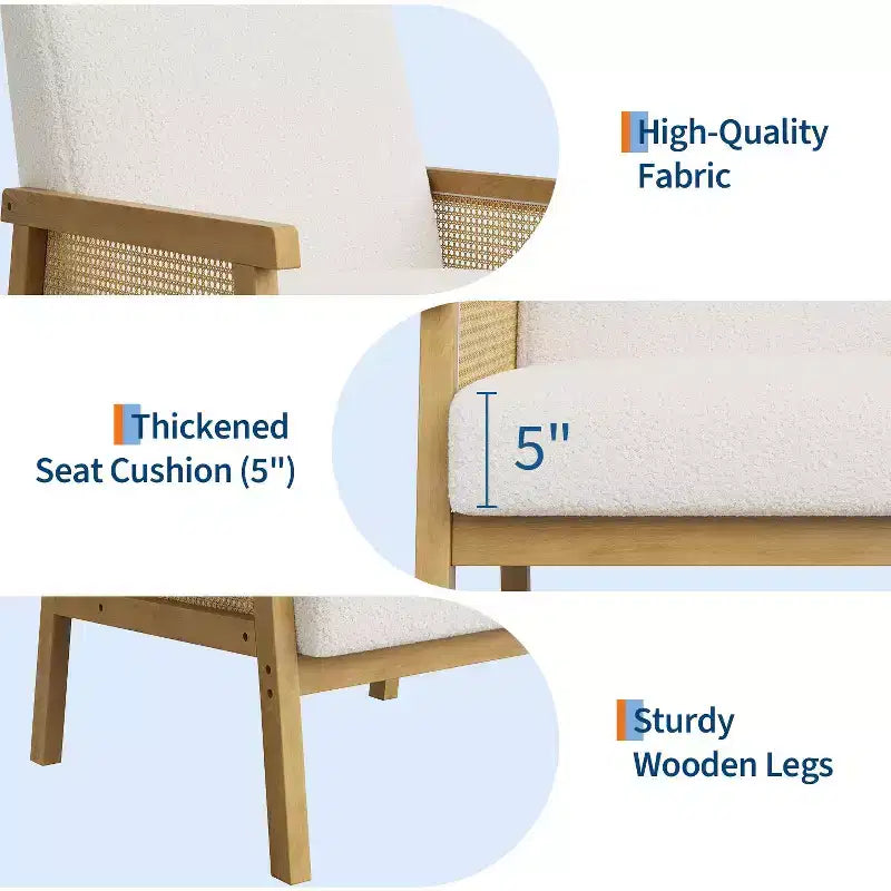 Fauteuil d'appoint en rotin - Fauteuil Bouclé, Fauteuil de lecture rembourré avec cadre en bois, Dossier haut, Fauteuil de loisirs pour salon et chambre à coucher