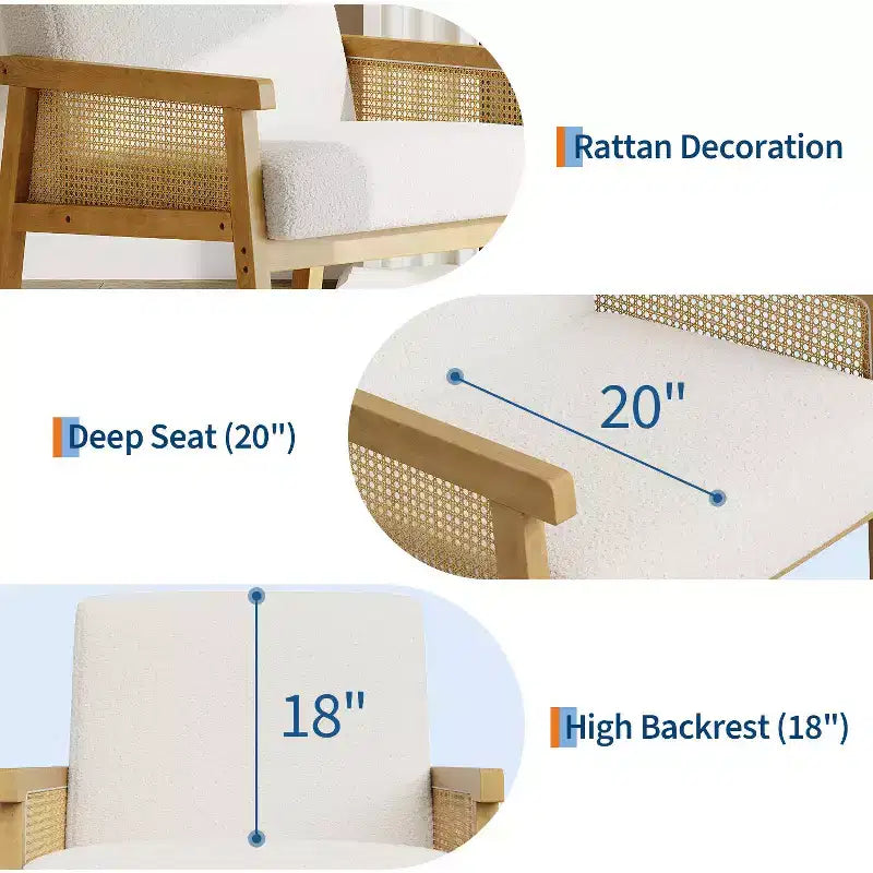 Fauteuil d'appoint en rotin - Fauteuil Bouclé, Fauteuil de lecture rembourré avec cadre en bois, Dossier haut, Fauteuil de loisirs pour salon et chambre à coucher