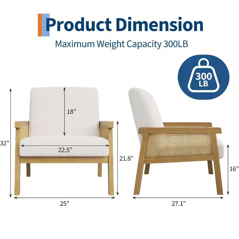 Fauteuil d'appoint en rotin - Fauteuil Bouclé, Fauteuil de lecture rembourré avec cadre en bois, Dossier haut, Fauteuil de loisirs pour salon et chambre à coucher