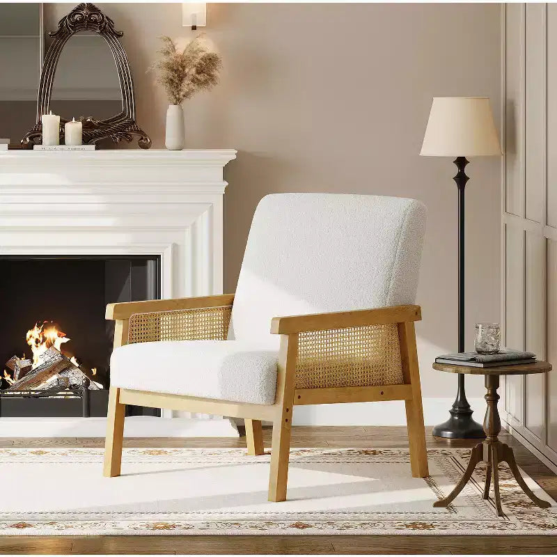 Fauteuil d'appoint en rotin - Fauteuil Bouclé, Fauteuil de lecture rembourré avec cadre en bois, Dossier haut, Fauteuil de loisirs pour salon et chambre à coucher