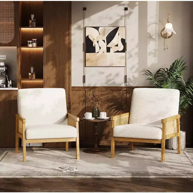 Fauteuil d'appoint en rotin - Fauteuil Bouclé, Fauteuil de lecture rembourré avec cadre en bois, Dossier haut, Fauteuil de loisirs pour salon et chambre à coucher