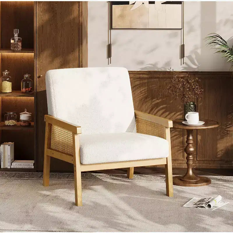 Fauteuil d'appoint en rotin - Fauteuil Bouclé, Fauteuil de lecture rembourré avec cadre en bois, Dossier haut, Fauteuil de loisirs pour salon et chambre à coucher