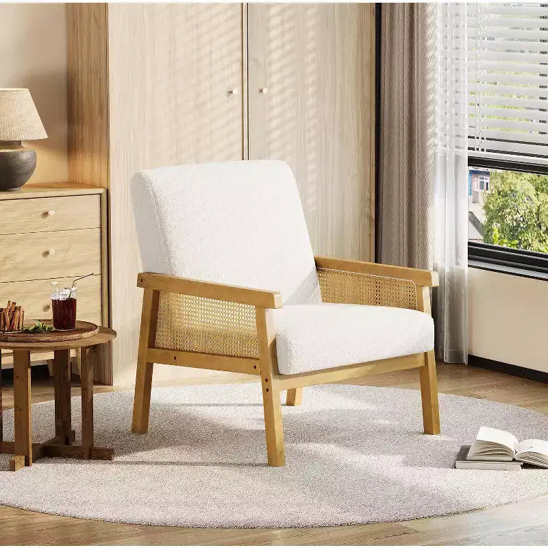 Rattan Accent Chair - Boucle Armchair, Upholstered Reading Chair with Wooden Frame, High Back, Leisure Chair for Living Room Bedroom