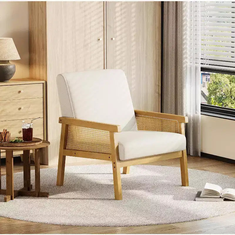 Fauteuil d'appoint en rotin - Fauteuil Bouclé, Fauteuil de lecture rembourré avec cadre en bois, Dossier haut, Fauteuil de loisirs pour salon et chambre à coucher