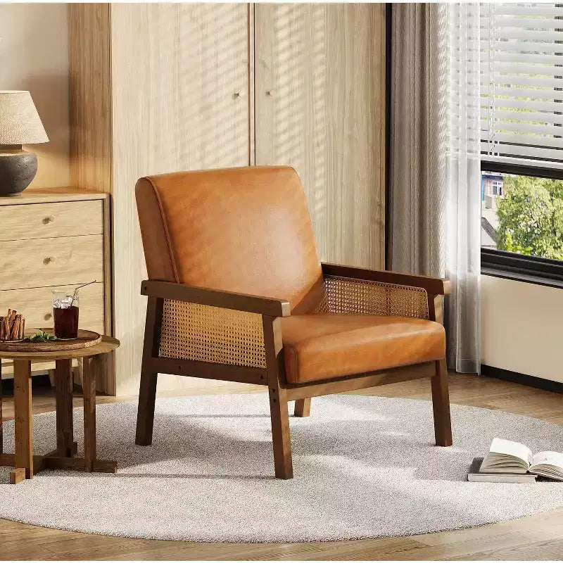 Fauteuil d'appoint en rotin - Fauteuil Bouclé, Fauteuil de lecture rembourré avec cadre en bois, Dossier haut, Fauteuil de loisirs pour salon et chambre à coucher
