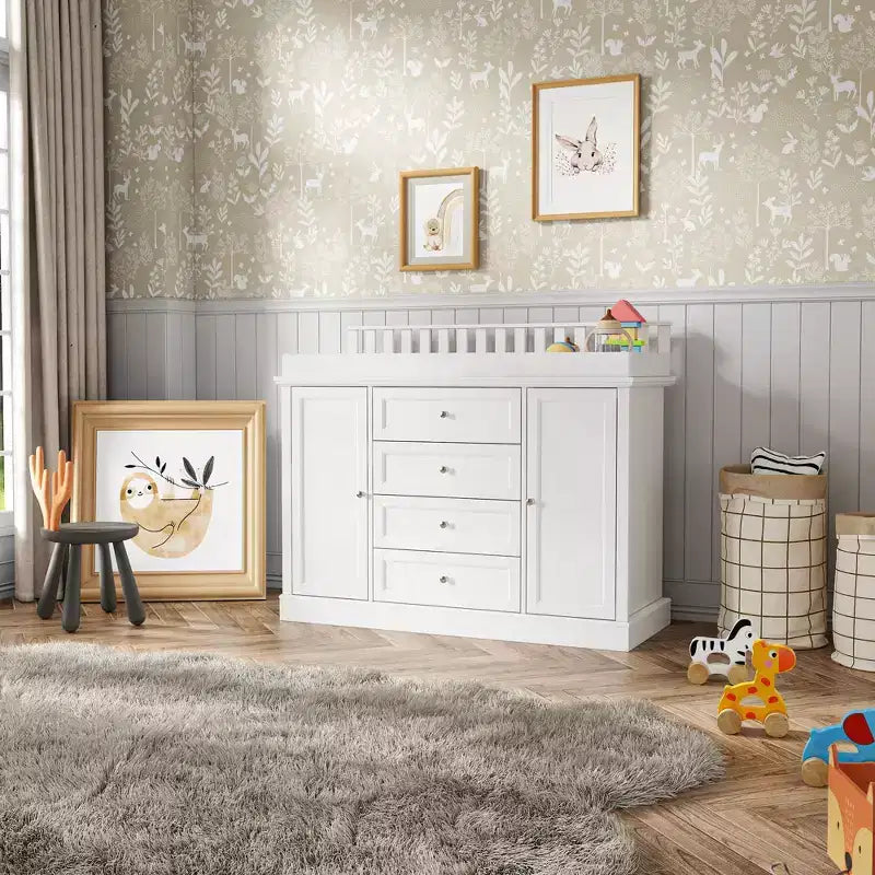 Commode à langer blanche, Organisateur de chambre de bébé spacieux avec tiroirs et placards pour couches, vêtements et jouets