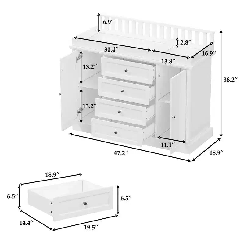 Commode à langer blanche, Organisateur de chambre de bébé spacieux avec tiroirs et placards pour couches, vêtements et jouets