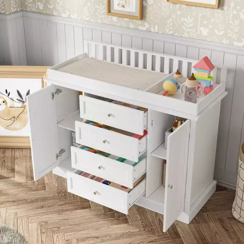 Commode à langer blanche, Organisateur de chambre de bébé spacieux avec tiroirs et placards pour couches, vêtements et jouets