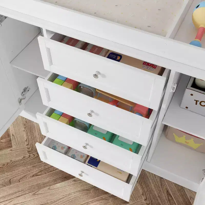 Commode à langer blanche, Organisateur de chambre de bébé spacieux avec tiroirs et placards pour couches, vêtements et jouets