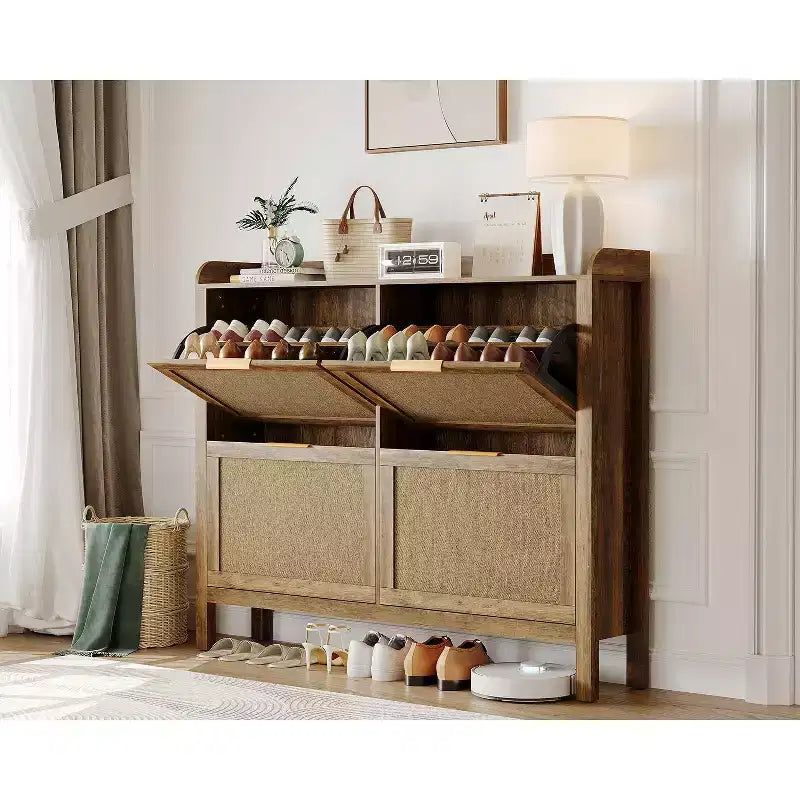 Meuble à chaussures en rotin 4 tiroirs style bohème chic, commode étroite pour entrée