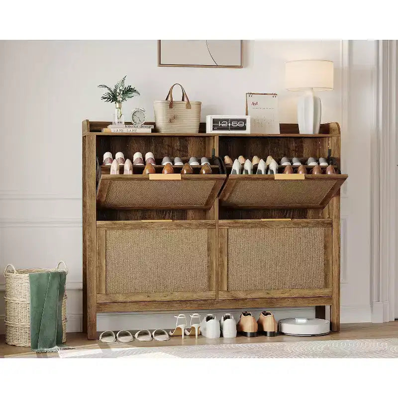 Meuble à chaussures en rotin 4 tiroirs style bohème chic, commode étroite pour entrée