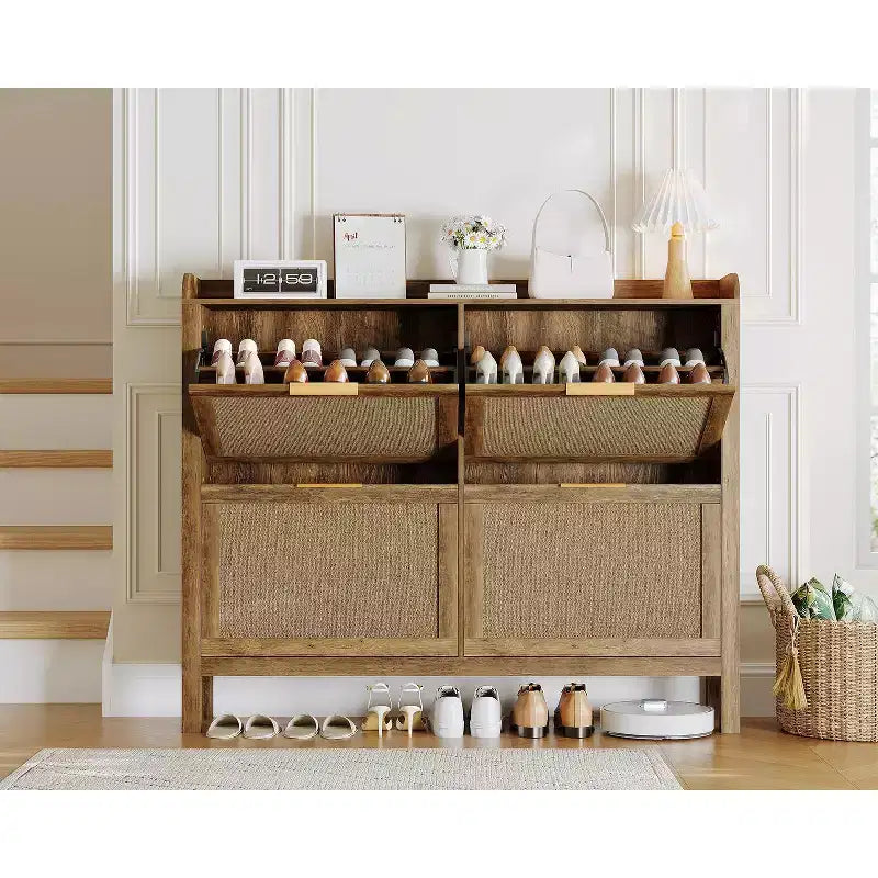 Meuble à chaussures en rotin 4 tiroirs style bohème chic, commode étroite pour entrée