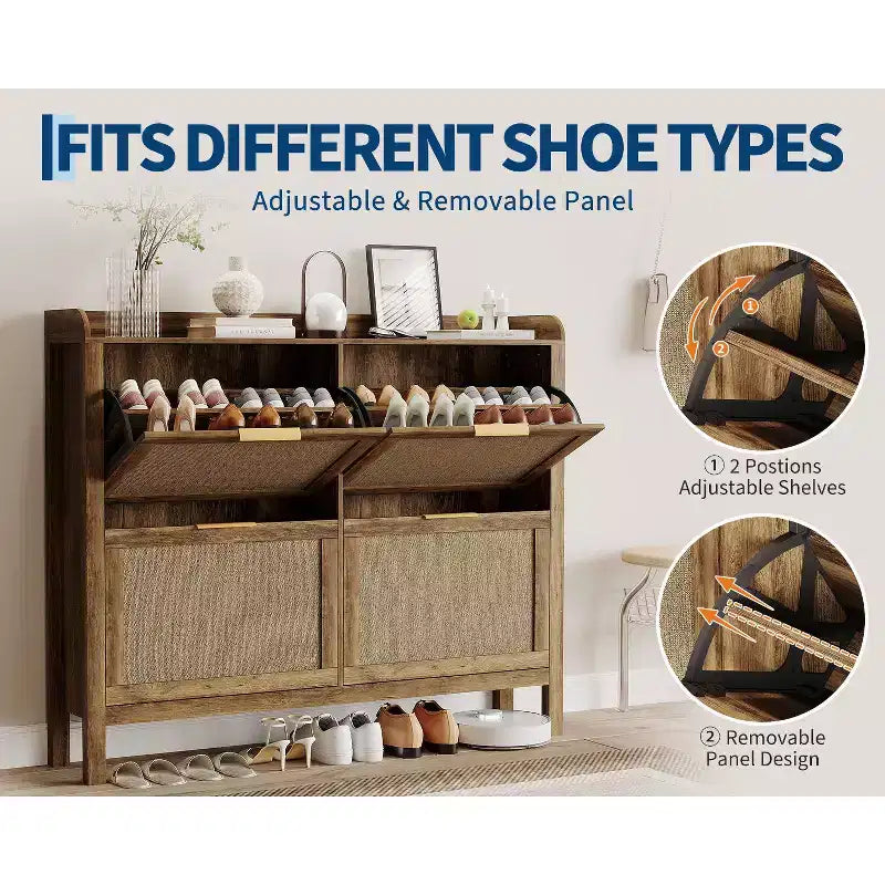 Meuble à chaussures en rotin 4 tiroirs style bohème chic, commode étroite pour entrée