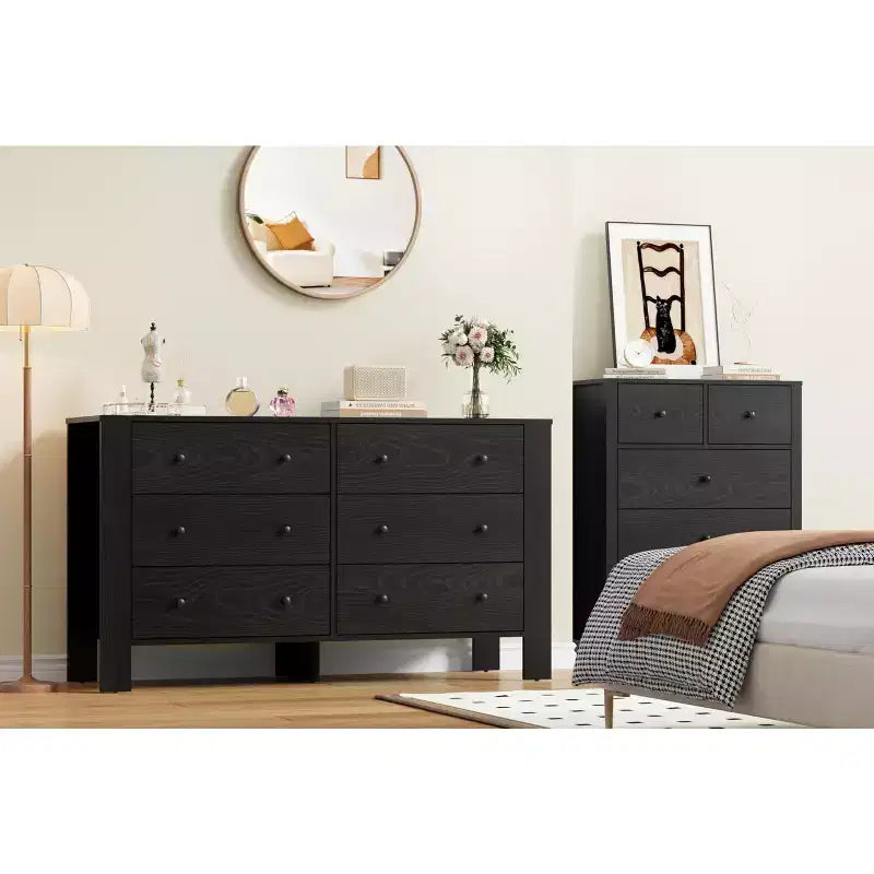 Commode à 6 tiroirs pour chambre à coucher, commode double moderne avec tiroirs de rangement, commode en bois pour chambre à coucher, entrée, couloir, bureau
