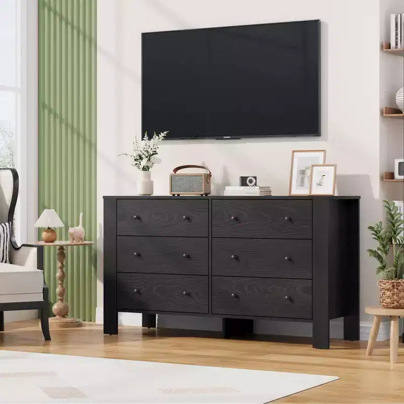 Commode à 6 tiroirs pour chambre à coucher, commode double moderne avec tiroirs de rangement, commode en bois pour chambre à coucher, entrée, couloir, bureau