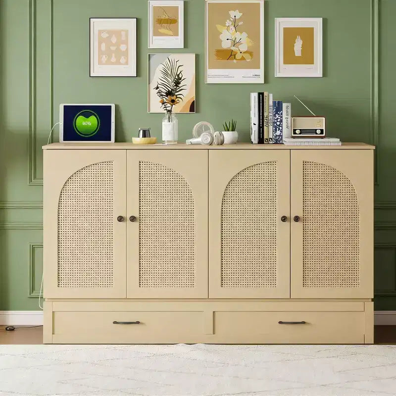 Luxystar Modern Queen Rattan Murphy Bed with Large Drawer for Living Room and Guest Room