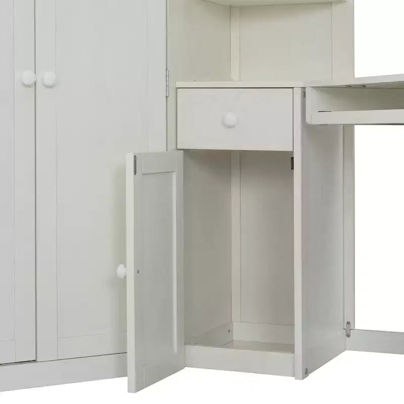 Lit mezzanine une place tout-en-un avec armoire intégrée, bureau, étagères, tablette coulissante pour clavier et spot lumineux