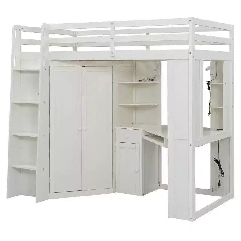 Lit mezzanine une place tout-en-un avec armoire intégrée, bureau, étagères, tablette coulissante pour clavier et spot lumineux