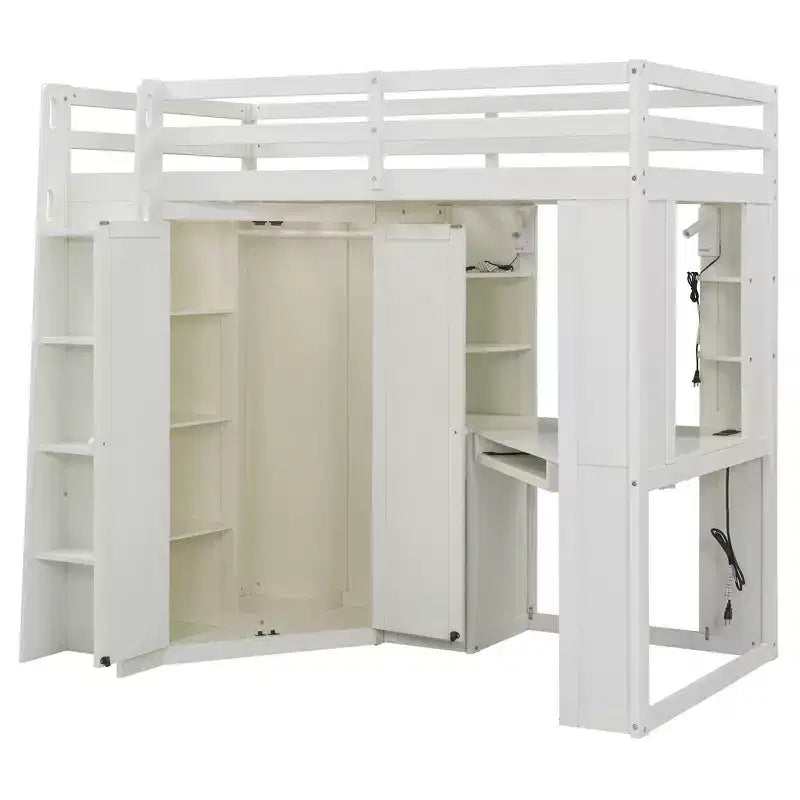 Lit mezzanine une place tout-en-un avec armoire intégrée, bureau, étagères, tablette coulissante pour clavier et spot lumineux