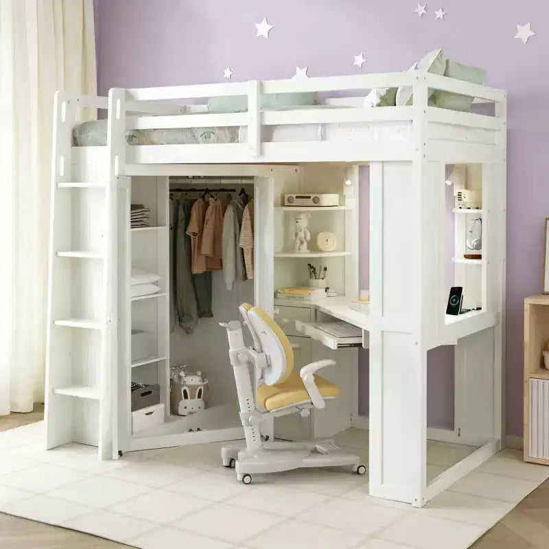 Lit mezzanine une place tout-en-un avec armoire intégrée, bureau, étagères, tablette coulissante pour clavier et spot lumineux
