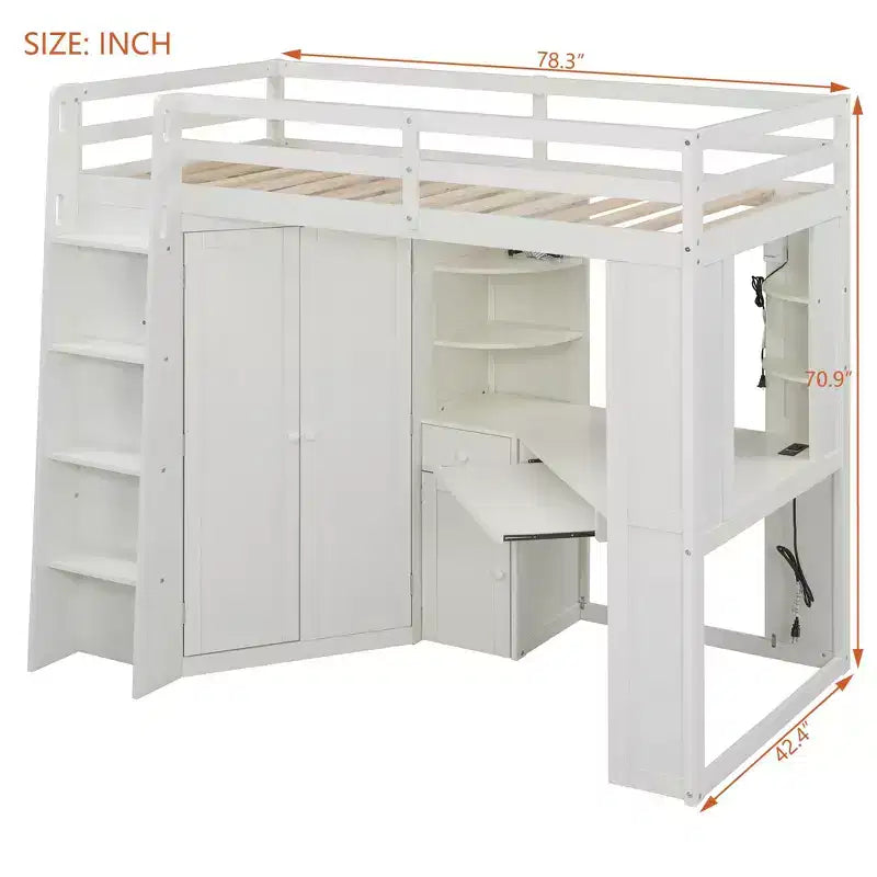 Lit mezzanine une place tout-en-un avec armoire intégrée, bureau, étagères, tablette coulissante pour clavier et spot lumineux