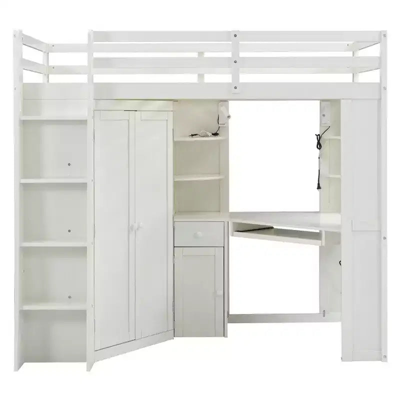 Lit mezzanine une place tout-en-un avec armoire intégrée, bureau, étagères, tablette coulissante pour clavier et spot lumineux