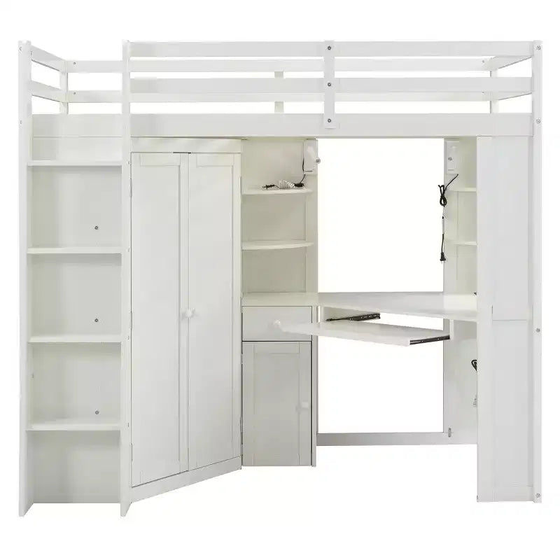 Lit mezzanine une place tout-en-un avec armoire intégrée, bureau, étagères, tablette coulissante pour clavier et spot lumineux