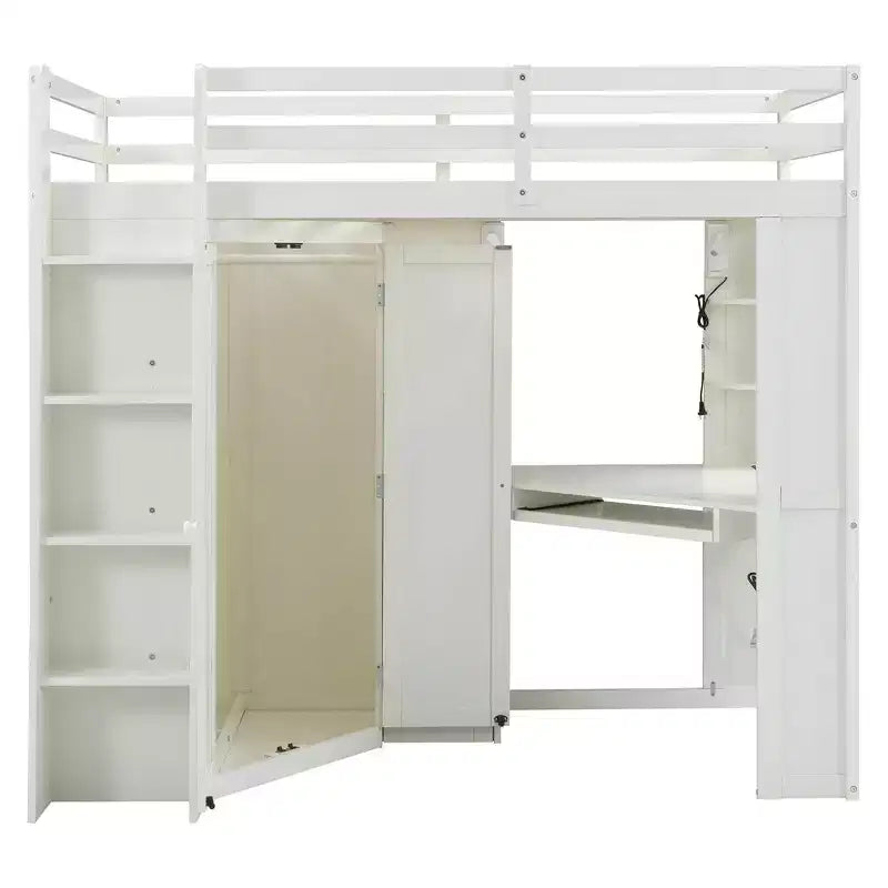 Lit mezzanine une place tout-en-un avec armoire intégrée, bureau, étagères, tablette coulissante pour clavier et spot lumineux