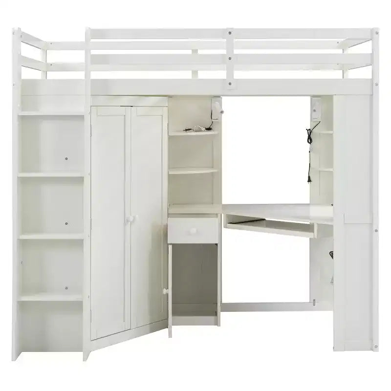 Lit mezzanine une place tout-en-un avec armoire intégrée, bureau, étagères, tablette coulissante pour clavier et spot lumineux