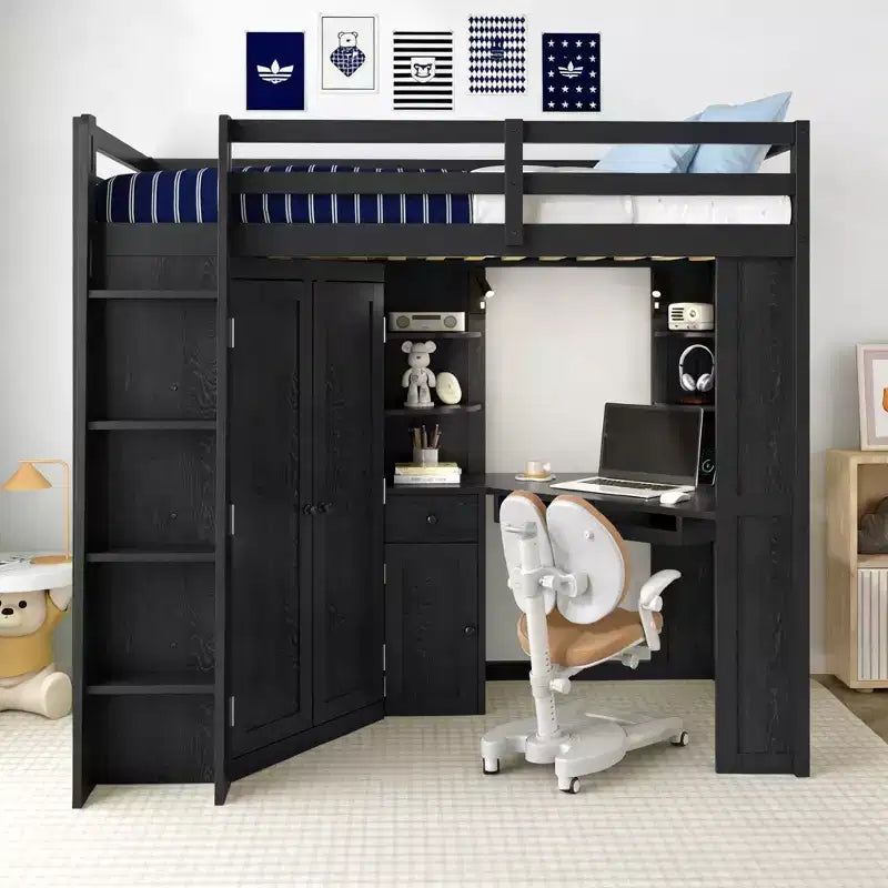 Luxystar Twin Size All-in-One Loft Bed with Integrated Wardrobe, Desk, Shelves, Keyboard Tray and Spotlight