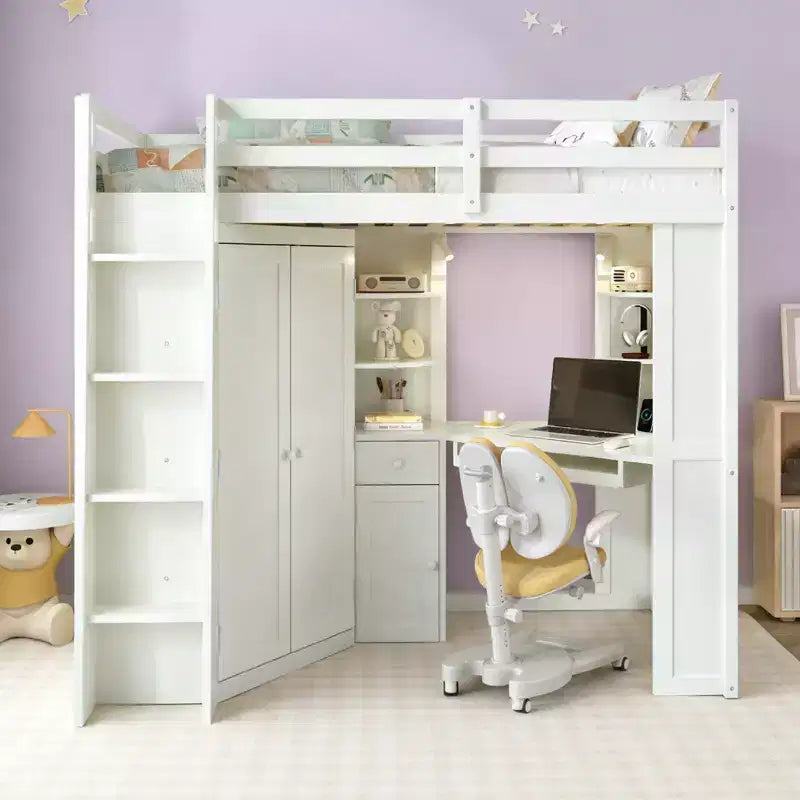Lit mezzanine une place tout-en-un avec armoire intégrée, bureau, étagères, tablette coulissante pour clavier et spot lumineux