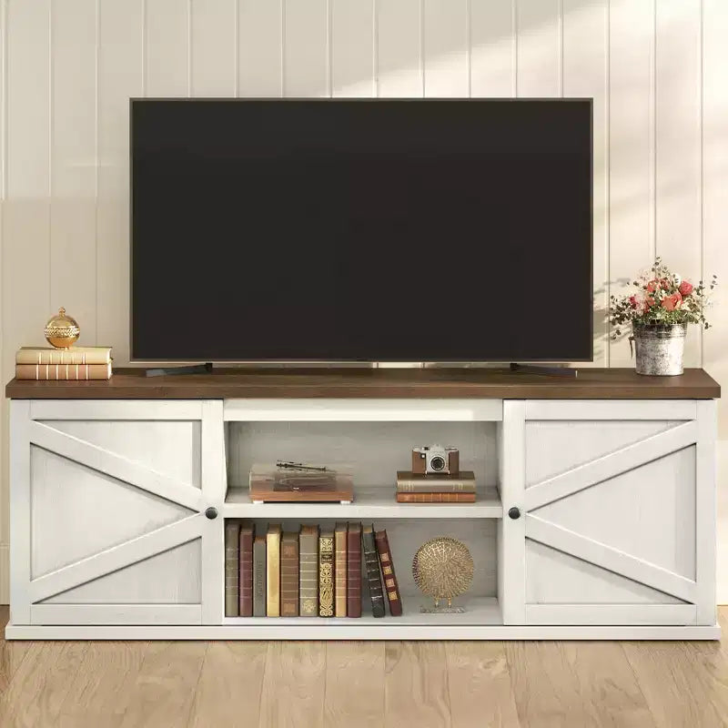 VASAGLE Farmhouse TV Stand for TVs up to 80 Inches, Entertainment Center with Storage Cabinets, Media Console Table, Rustic White and Honey Brown