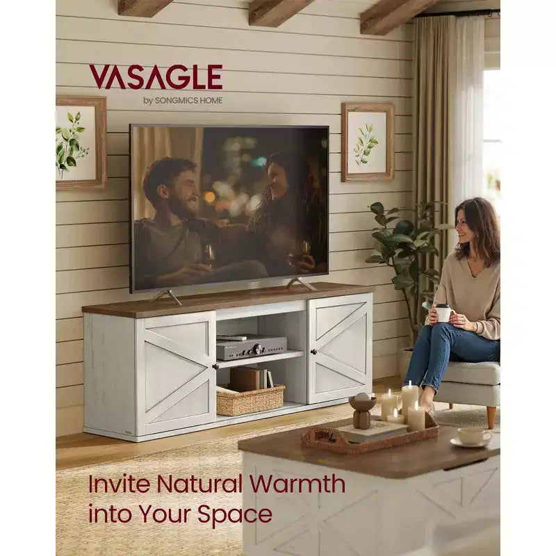 Meuble TV de ferme pour téléviseurs jusqu'à 80 pouces, centre de divertissement avec armoires de rangement, table console multimédia, blanc rustique et brun miel
