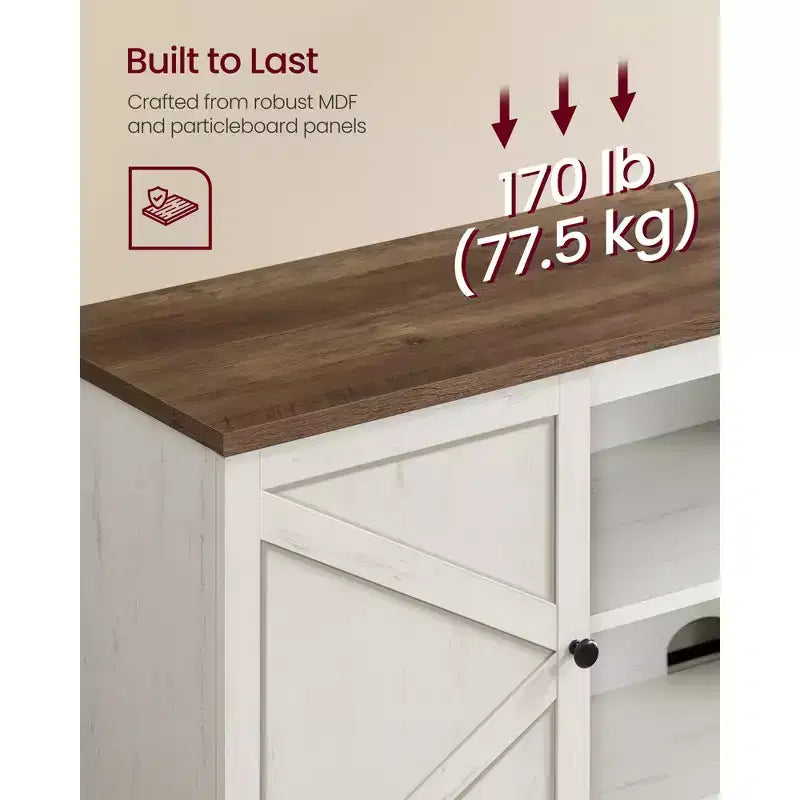Meuble TV de ferme pour téléviseurs jusqu'à 80 pouces, centre de divertissement avec armoires de rangement, table console multimédia, blanc rustique et brun miel