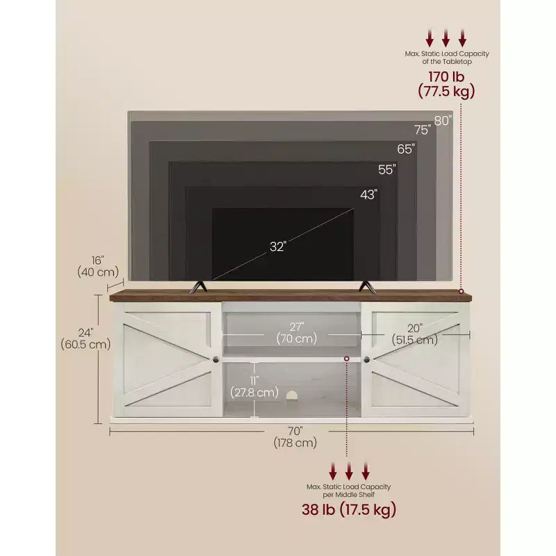 Meuble TV de ferme pour téléviseurs jusqu'à 80 pouces, centre de divertissement avec armoires de rangement, table console multimédia, blanc rustique et brun miel