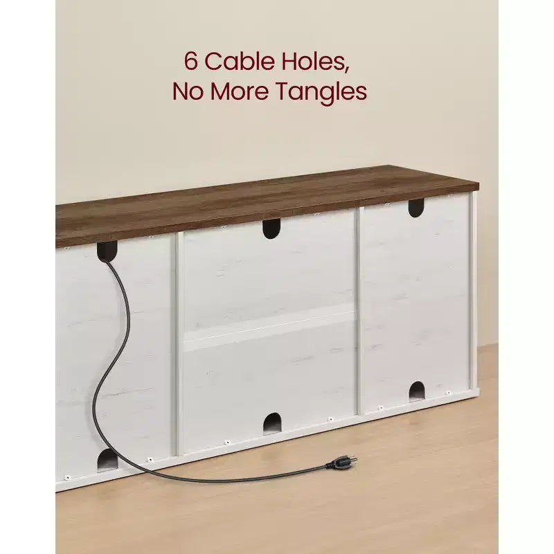 Meuble TV de ferme pour téléviseurs jusqu'à 80 pouces, centre de divertissement avec armoires de rangement, table console multimédia, blanc rustique et brun miel