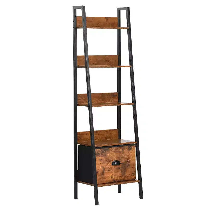 Homy Casa 5 Tier Ladder Bookshelf with Drawer, Rustic Brown