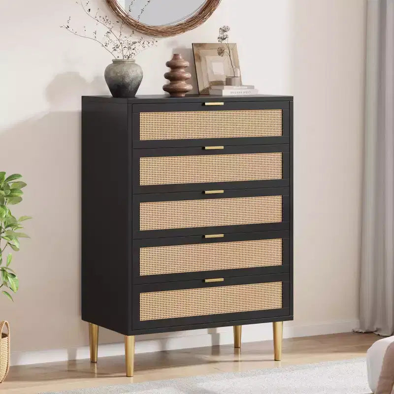 Acekool Rattan 5 Drawer Dresser with Gold Legs Tall Chest for Bedroom & Living Room