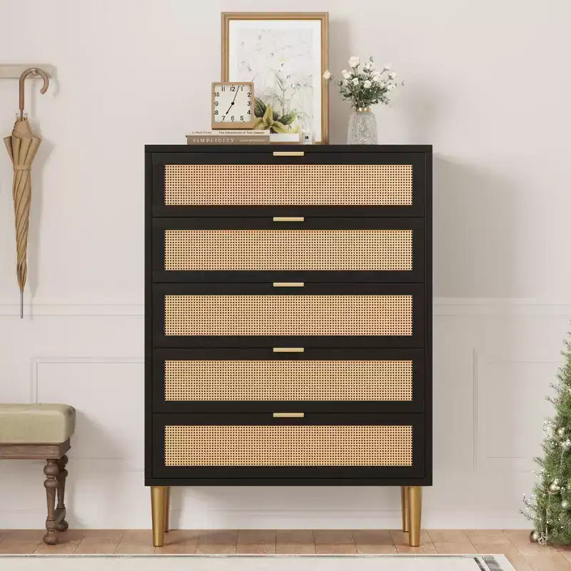 Acekool Rattan 5 Drawer Dresser with Gold Legs Tall Chest for Bedroom & Living Room