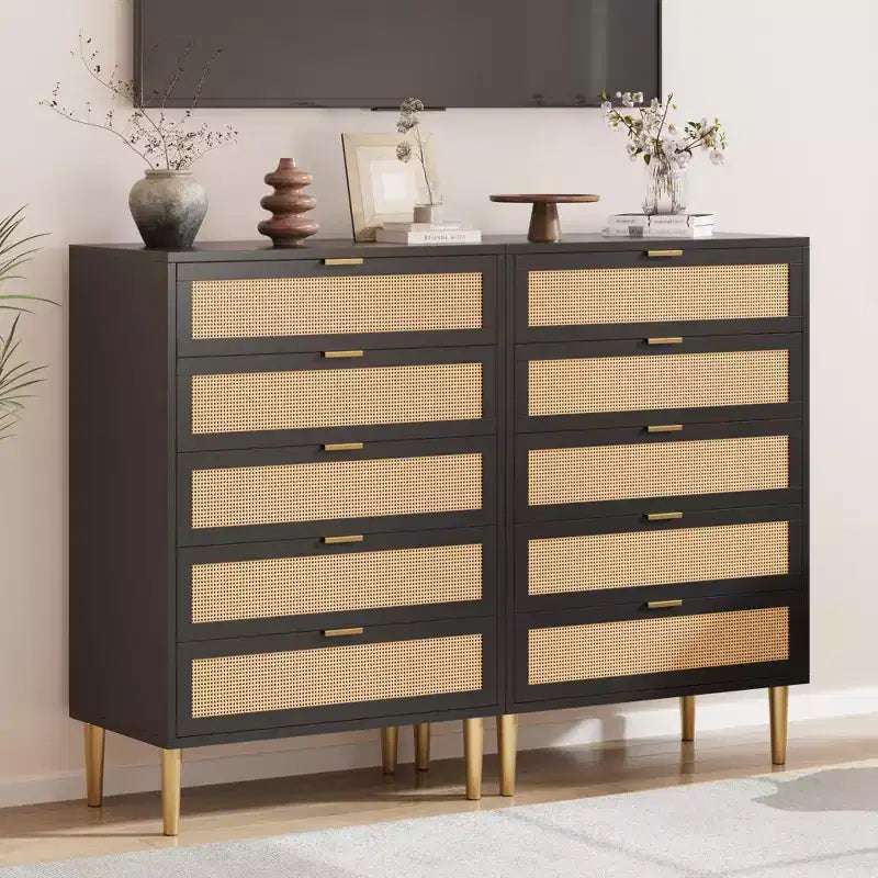 Acekool Rattan 5 Drawer Dresser with Gold Legs Tall Chest for Bedroom & Living Room